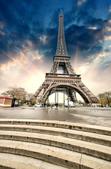 Poster - Paris. Gorgeous wideangle view of Eiffel Tower with Stairs to Se