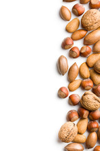 Border Of Various Nuts On White Background