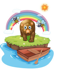 Wall Mural - A brown bear and the wooden boat