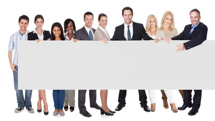 group of business people presenting empty banner
