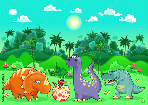 Obraz w ramie Funny dinosaurs in the forest.