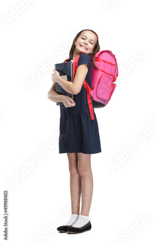 Juliste Joyful schoolgirl with the briefcase is happy to study