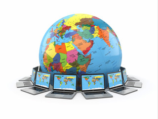 Fototapete - Internet. Global communication. Earth and laptops.