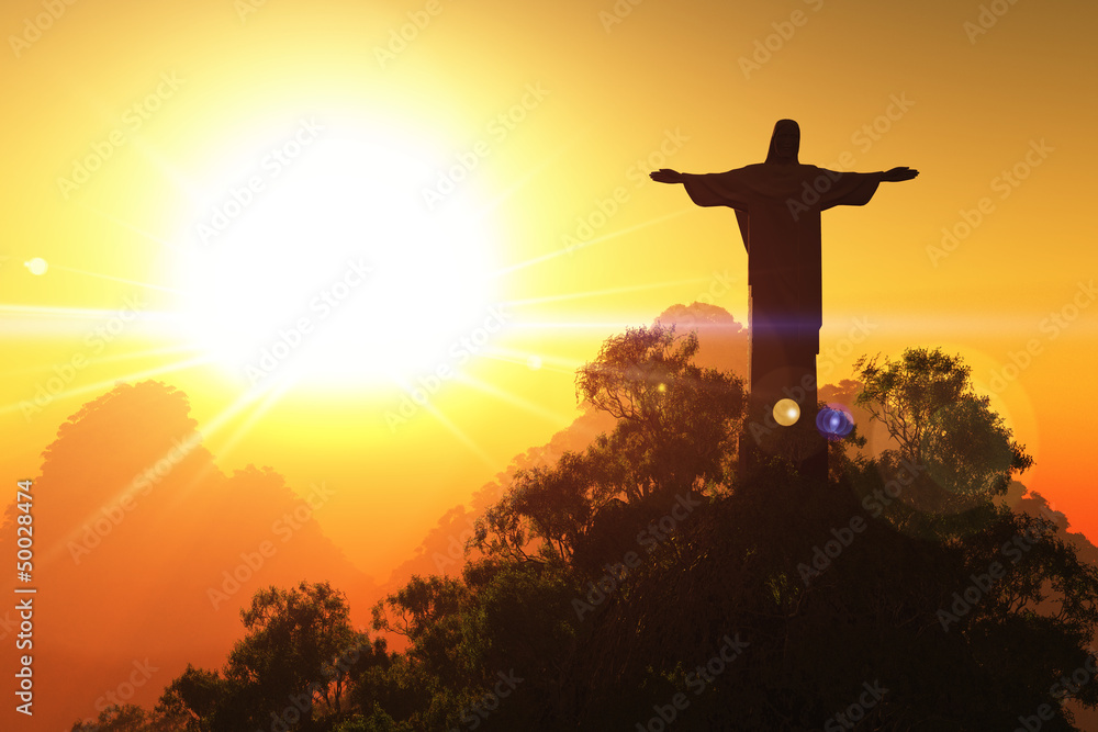 Corcovado Mountain in the Sunset 3D render - obrazy, fototapety, plakaty 