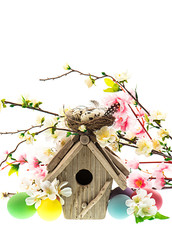 Poster - colorful easter decoration with birdhouse and eggs