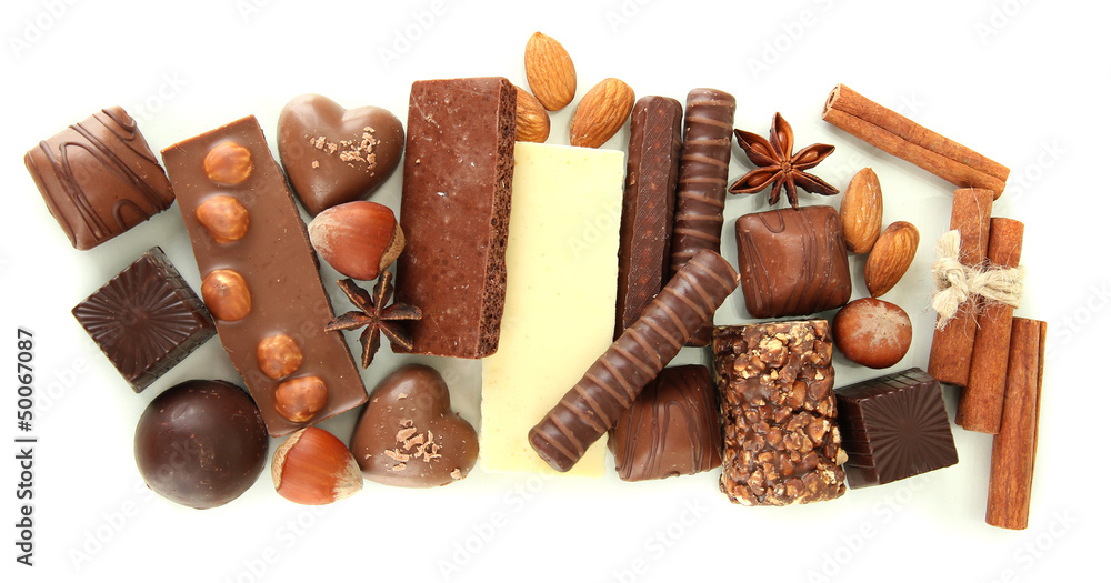 Chocolate and sweets isolated on white
