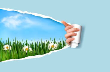 Poster - Nature background with green grass and sky and ripped paper. Vec