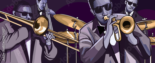 Plakat na zamówienie jazz band with trombonne trumpet double bass and drum