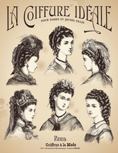 Vintage Haidresser's Placard With 6 Hairstyles And Antique Hats