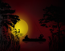 Fishermen In Boat At Dark Sunset