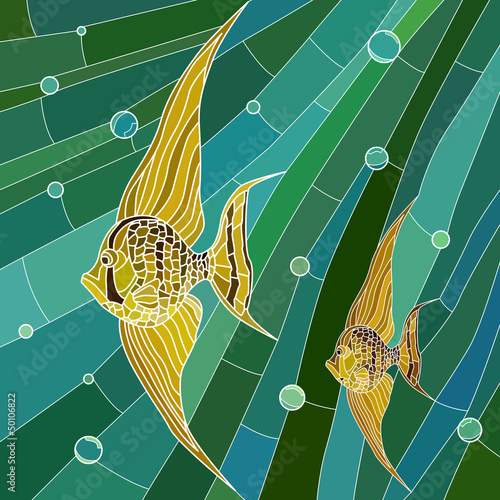 Naklejka na szafę Vector illustration of yellow fish in green.