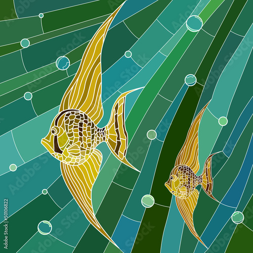 Fototapeta do kuchni Vector illustration of yellow fish in green.