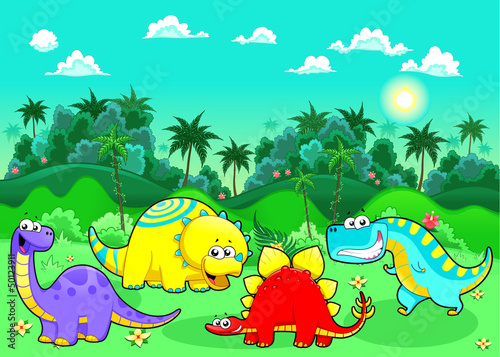 Naklejka samoprzylepna Zabawne dinozaury w lesie.