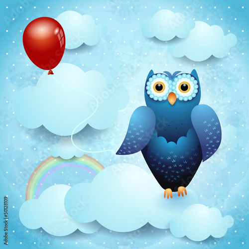 Plakat na papierze fotorealistycznym Sowa i balon, ilustracja fantasy