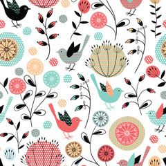 Poster - Seamless pattern.Birds and flowers