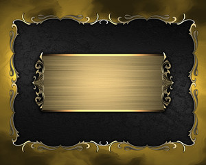 Black texture with golden frame with pattern and golden plate