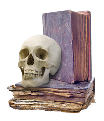 Wall Mural - skull and two old books isolated on white