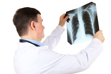 Poster - Medical doctor analysing x-ray image  isolated on white