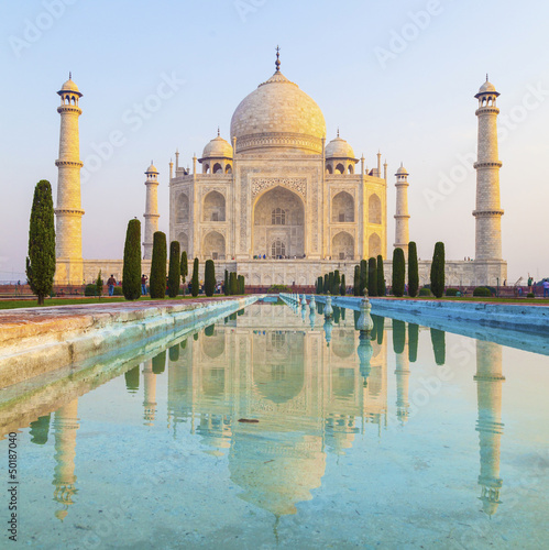 Fotoboard na płycie Taj Mahal w świetle wschodu słońca, Agra, Indie