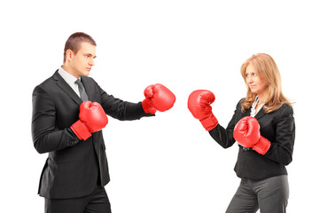 Poster - Businesswoman with boxing gloves having a fight with a businessm