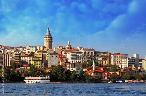 Fotoboard na płycie Stambuł o zachodzie słońca - Galata, Turcja