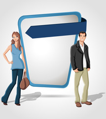Cartoon young couple in front of blue template screen