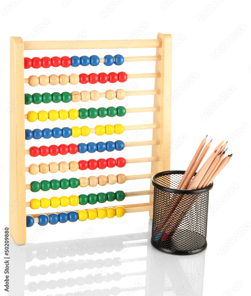 Bright wooden toy abacus and pencils, isolated on white