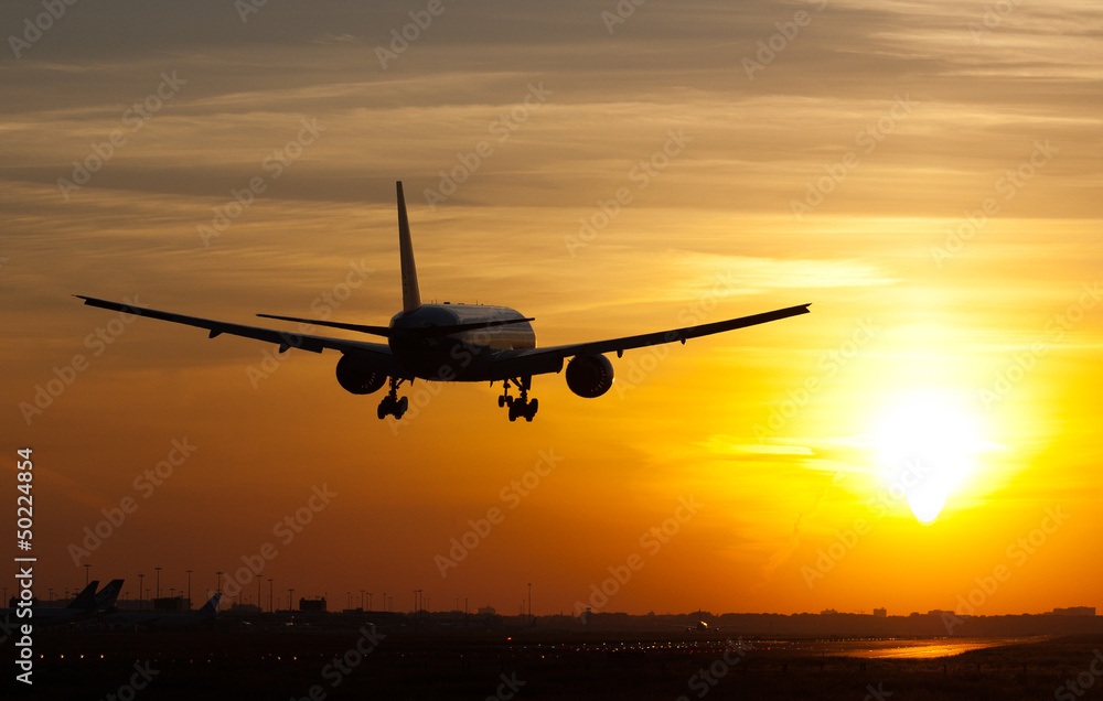 Foto-Doppelrollo - Plane landing in sunrise