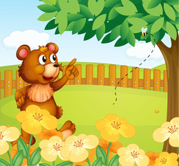 Poster - A bear inside the fence pointing a bee