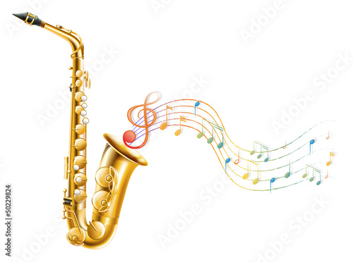 Fotografía A golden saxophone with musical notes