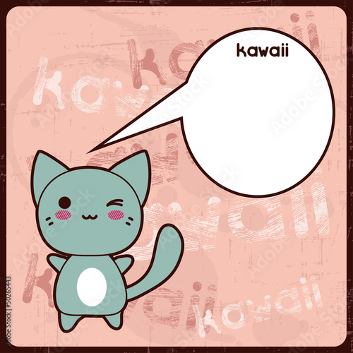 Board z aluminiowym obramowaniem Kawaii karty z cute cat na tle grunge.