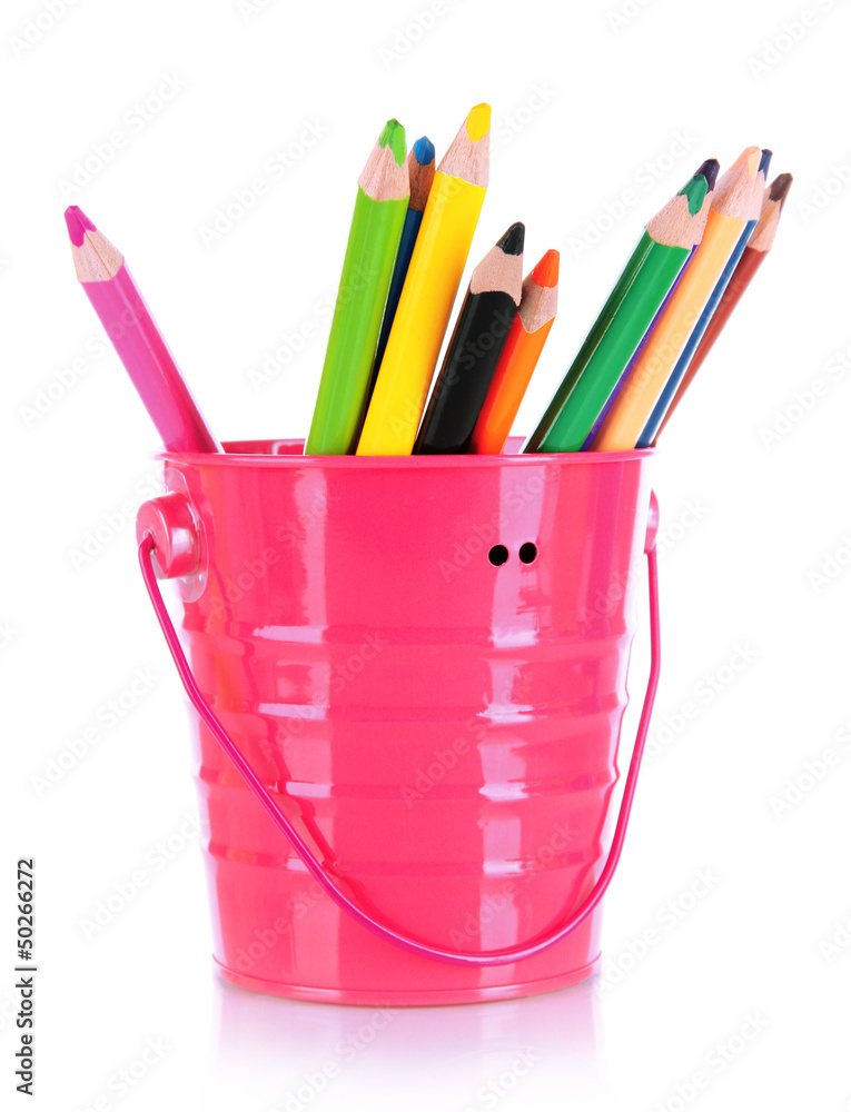 Colorful pencils in pail isolated on white