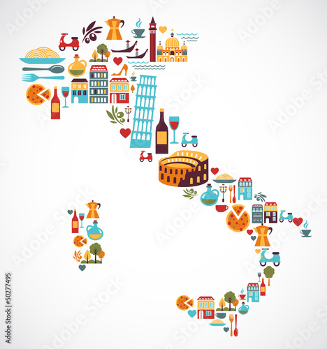 Naklejka - mata magnetyczna na lodówkę Italy map with vector icons