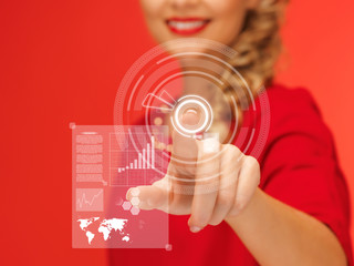 Poster - woman in red dress pressing virtual button