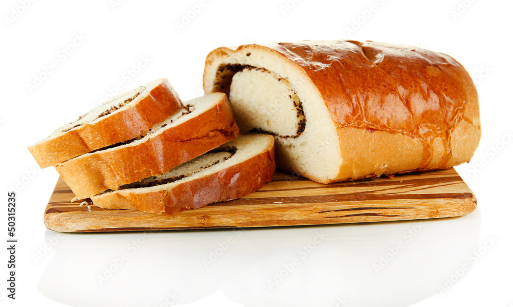 Loaf with poppy seeds on cutting board, isolated on white