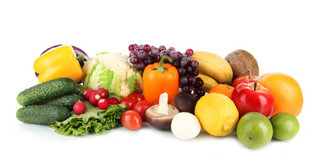 Fototapete - Different fruits and vegetables isolated on white