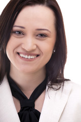 Close up portrait of a smiling businesswoman isolated on white b