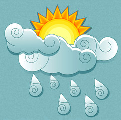 Vector weather icons in retro style. Sun behind the clouds and r