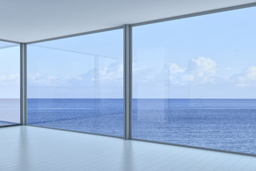 Wall Mural - Empty 3d modern loft interior with sea / ocean view