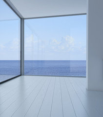 Empty 3d modern loft interior with sea / ocean view