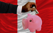 Dollar Into Piggy Rich Bank And  National Flag Of Peru