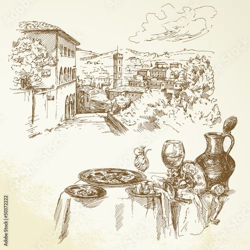 Fototapeta na wymiar Tuscany, wine - hand drawn collection