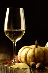 Sticker - Pumpkins and autumn leaves with white wine