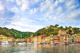 Fototapeta  - Portofino luxury village landmark, panorama view. Liguria, Italy