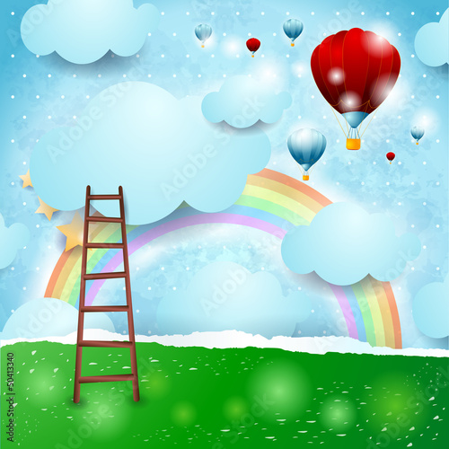 Board z aluminiowym obramowaniem Tło fantasy z tęczy i balony