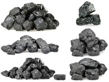 Set Of Piles Of Coal Isolated On White