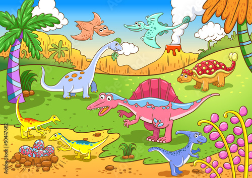 Naklejka na kafelki Cute dinosaurs in prehistoric scene