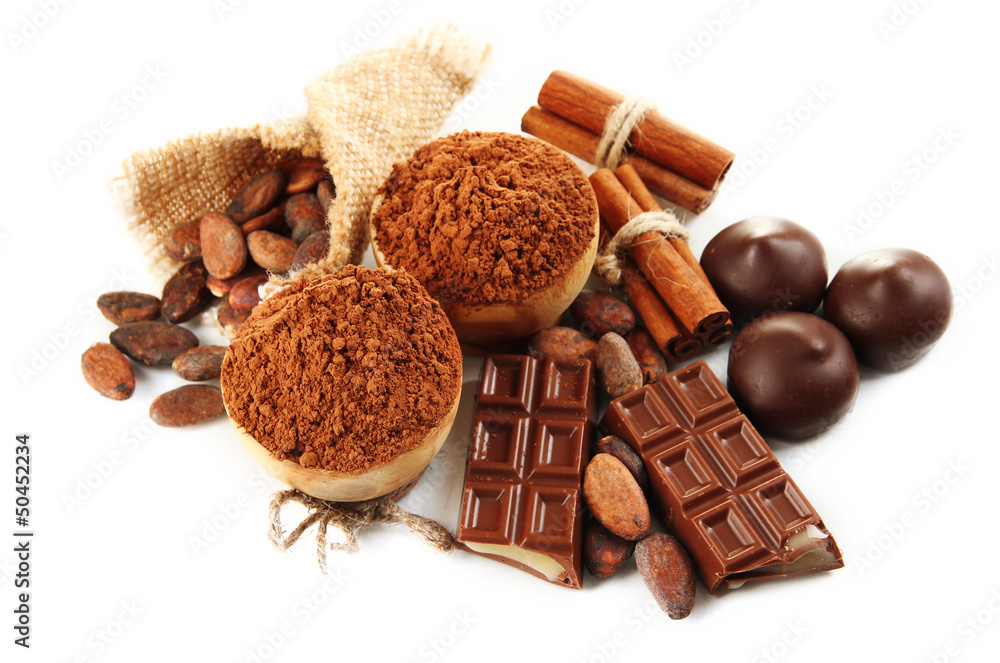 Composition of chocolate sweets, cocoa and spices, isolated