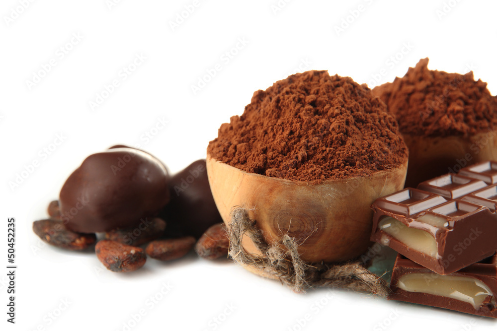 Composition of chocolate sweets, cocoa and spices, isolated