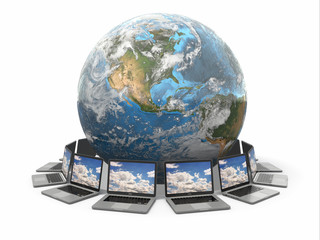 Fototapete - Internet. Global communication. Earth and laptop. 3d